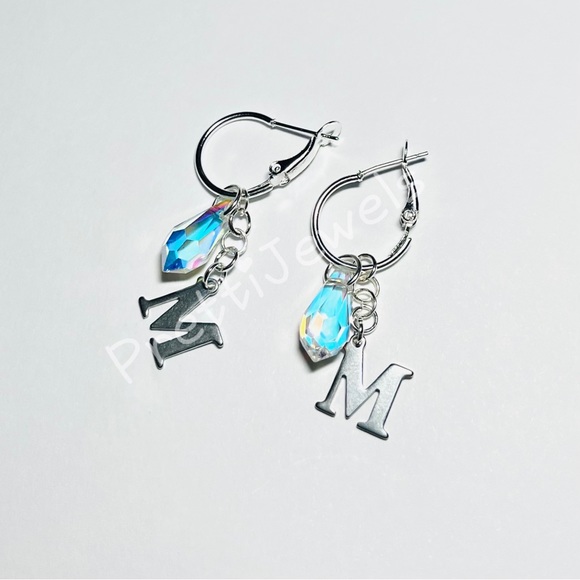 Personalizeable AB Teardrop Initial Letter Hoop Earrings - Picture 1 of 12
